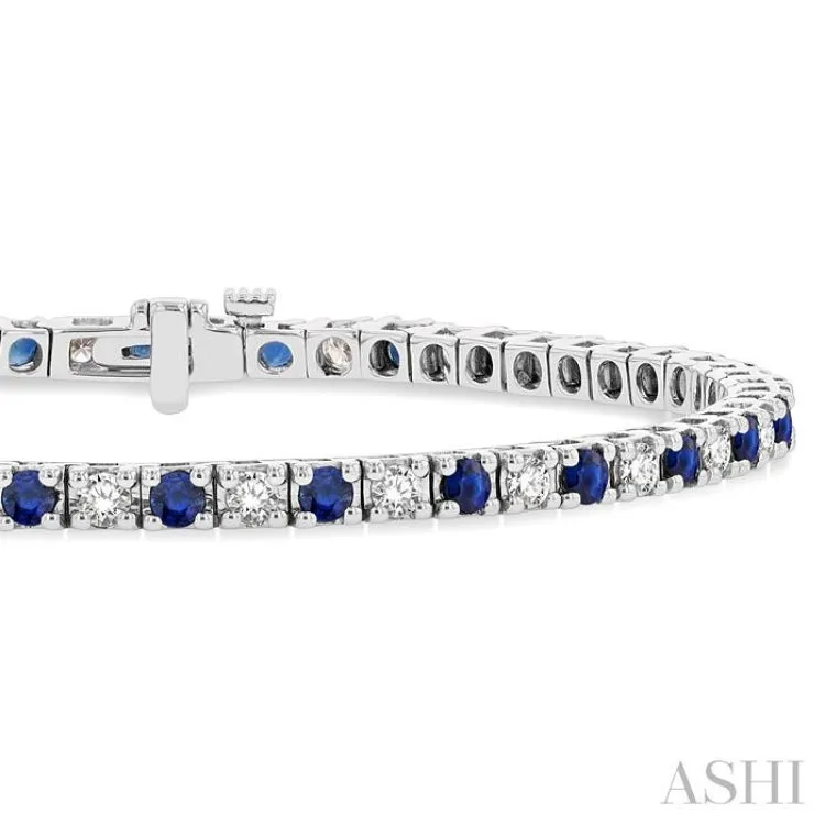 1 1/2 ctw Square Box Link 2.5MM Sapphire and Round Cut Diamond Precious Tennis Bracelet in 14K White Gold