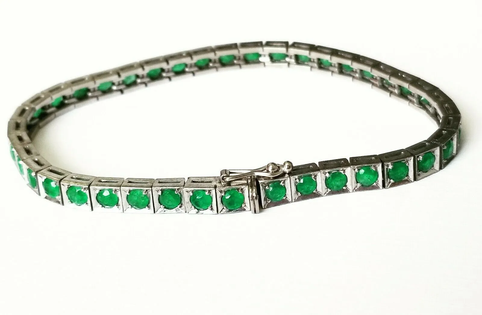 10 CTW Emerald Vintage Estate Tennis Bracelet 14k White Gold Natural Emeralds