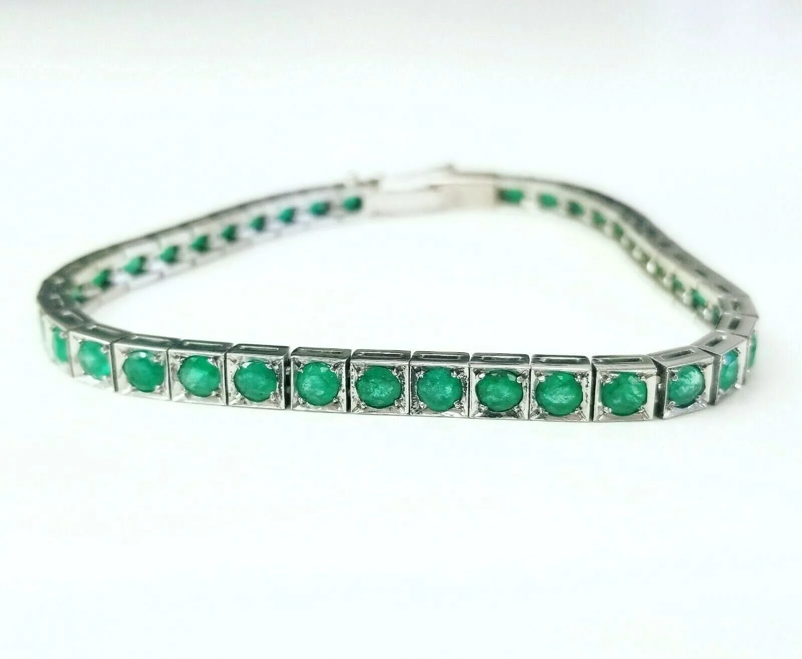 10 CTW Emerald Vintage Estate Tennis Bracelet 14k White Gold Natural Emeralds