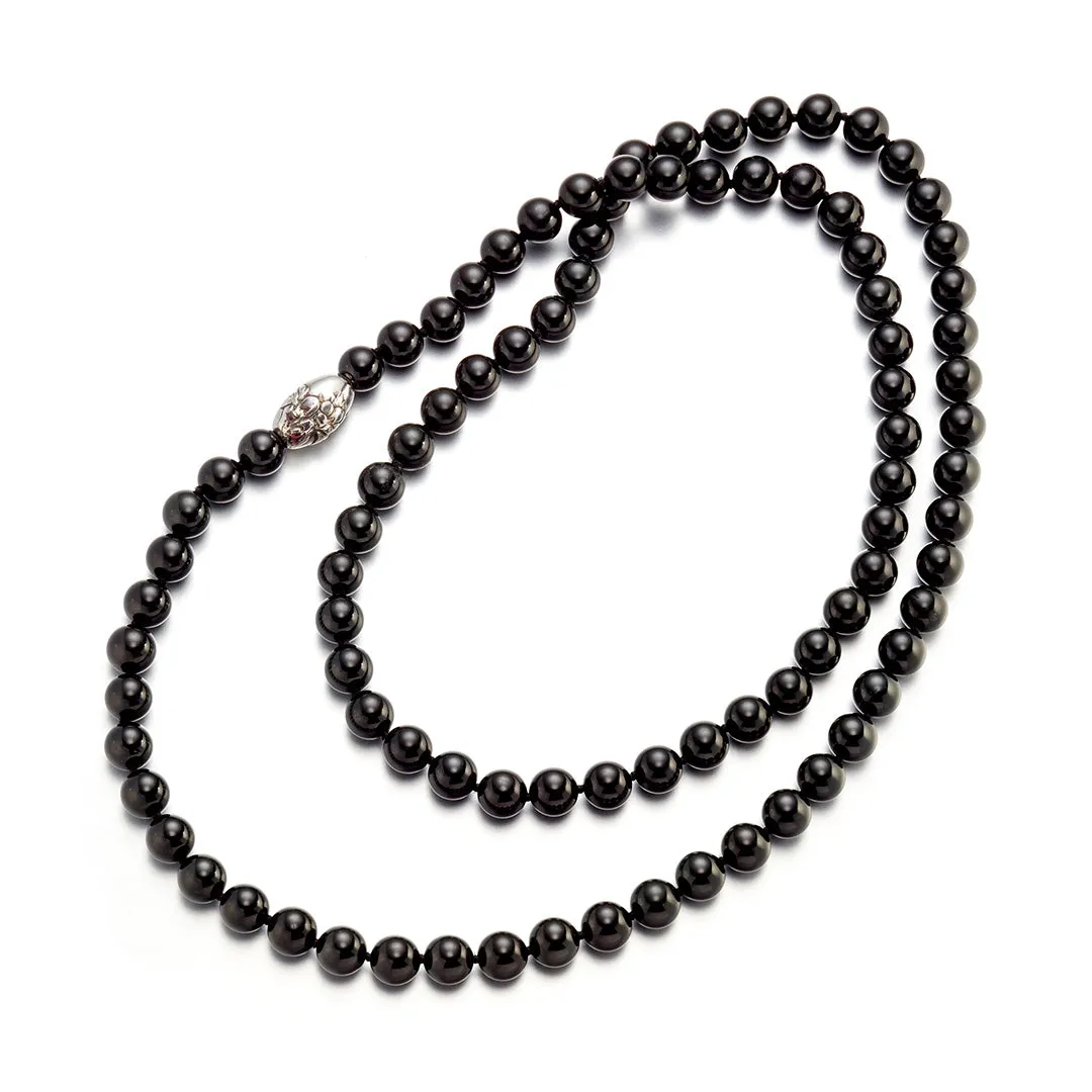 10mm Black Jade Rope Necklace with Camellia Ojime