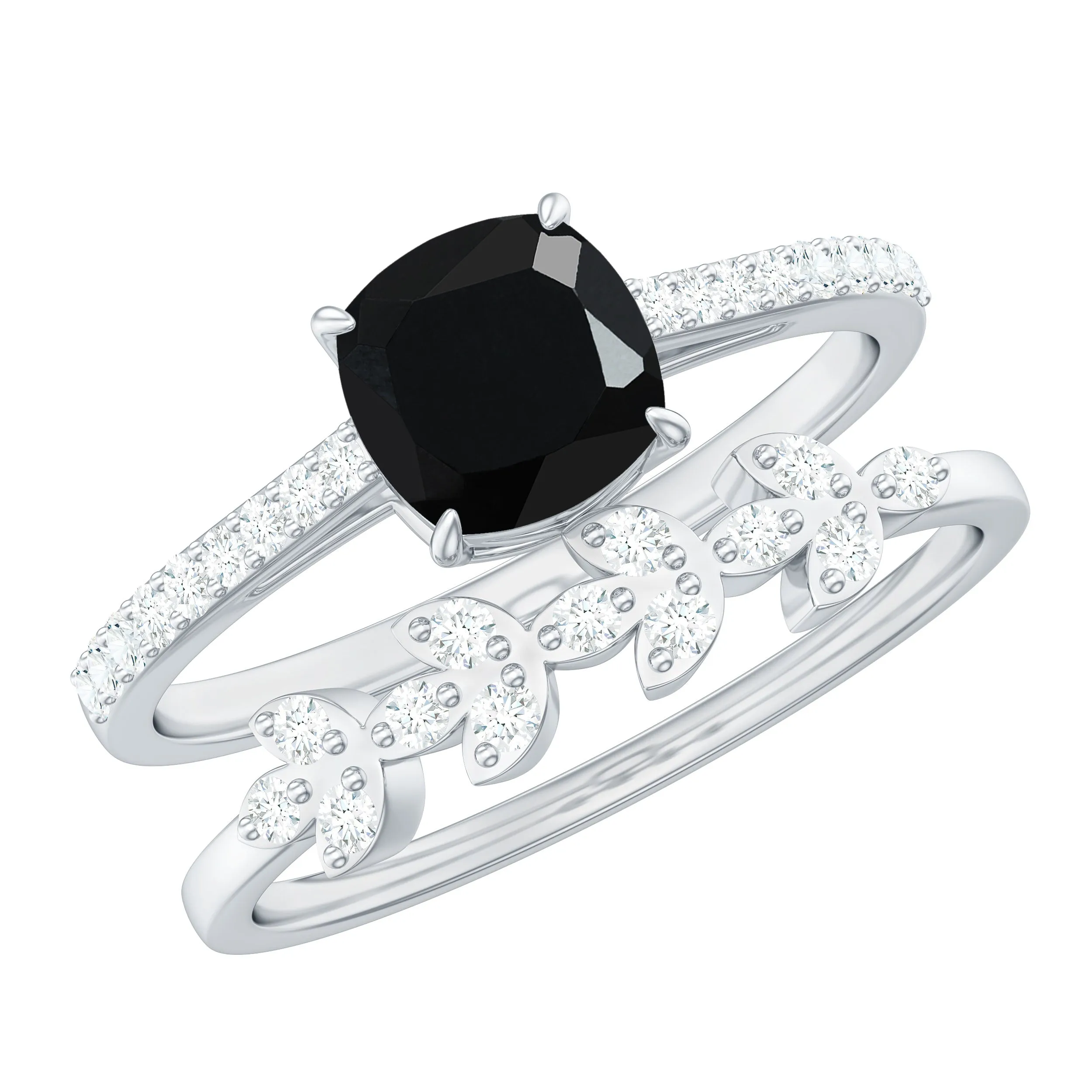 1.25 CT Natural Black Onyx and Diamond Stackable Ring Set