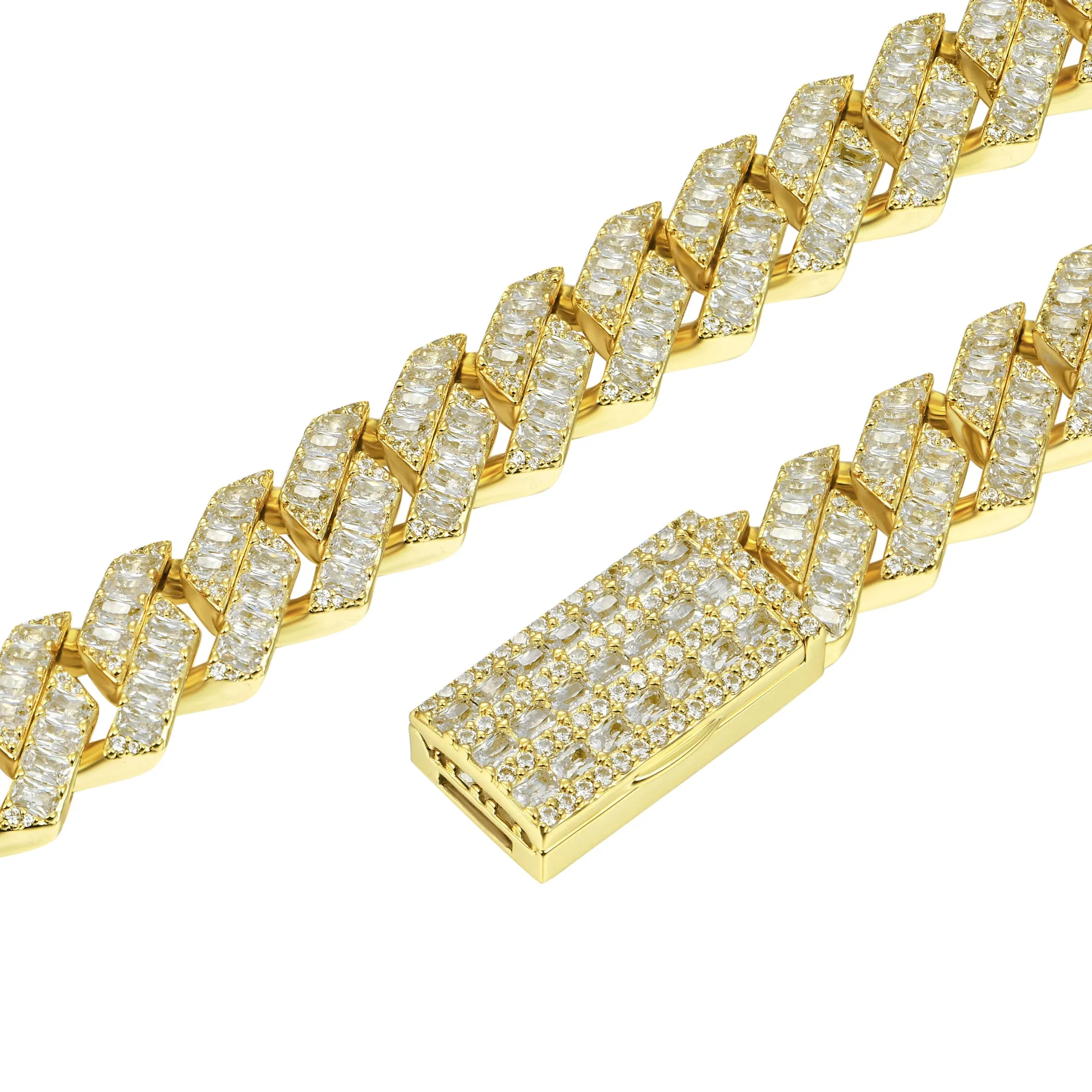 12mm Emerald Cut Prong Cuban Link Bracelet - Yellow Gold