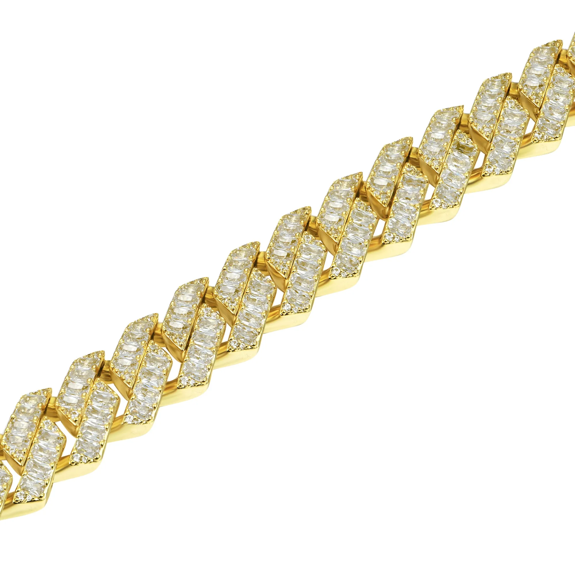 12mm Emerald Cut Prong Cuban Link Bracelet - Yellow Gold