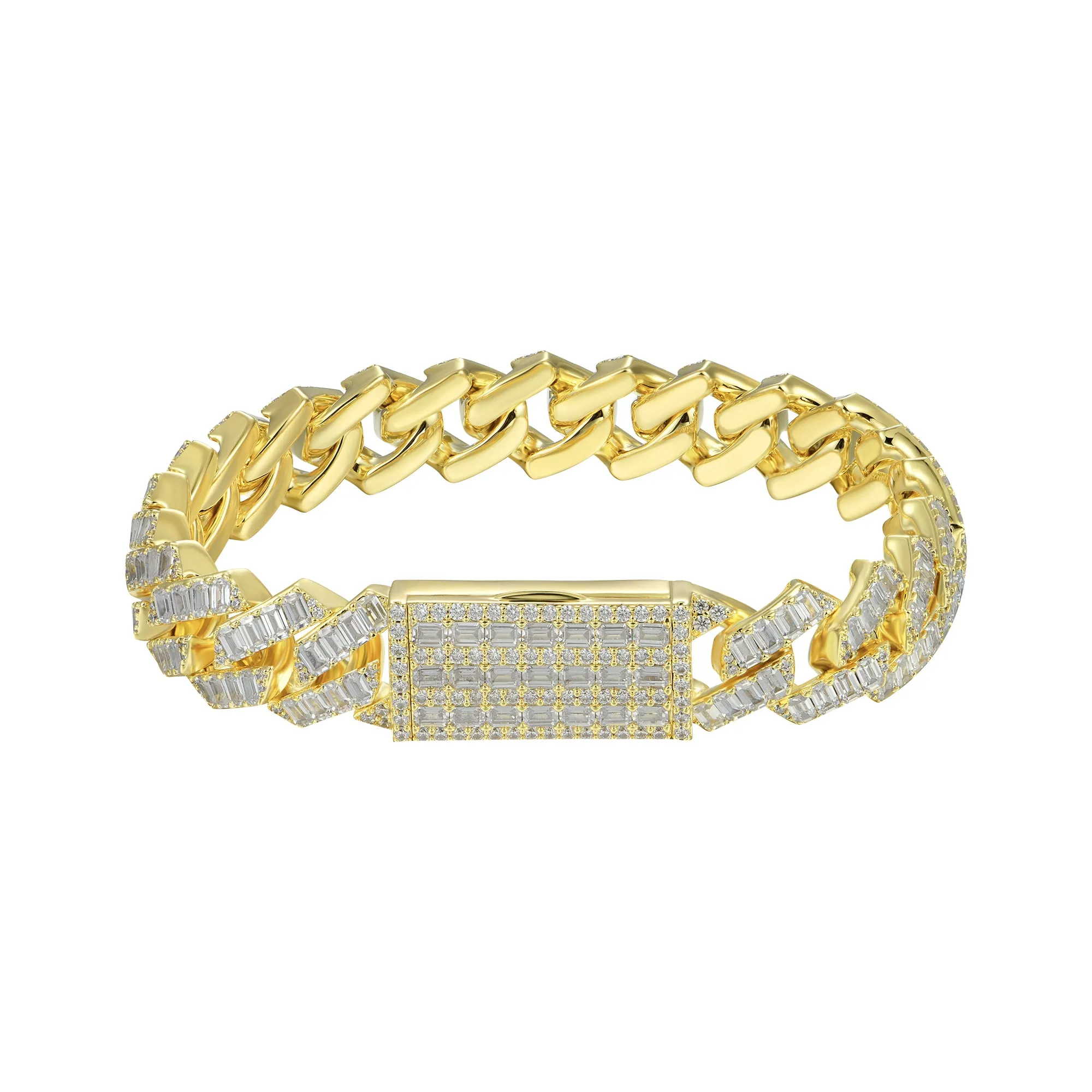 12mm Emerald Cut Prong Cuban Link Bracelet - Yellow Gold