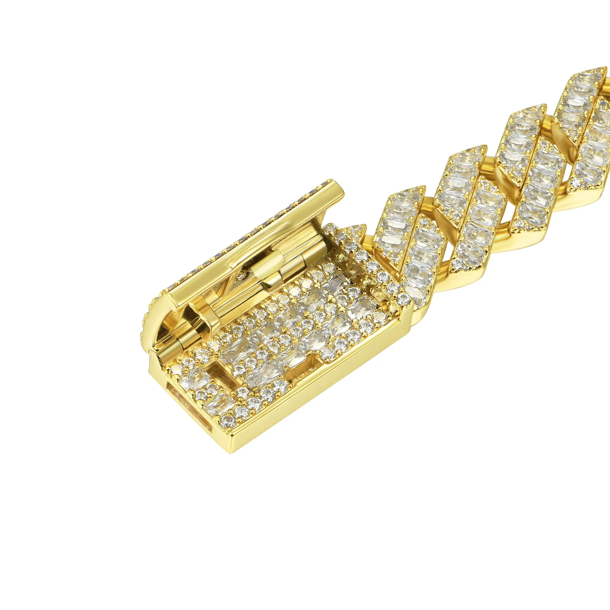 12mm Emerald Cut Prong Cuban Link Bracelet - Yellow Gold