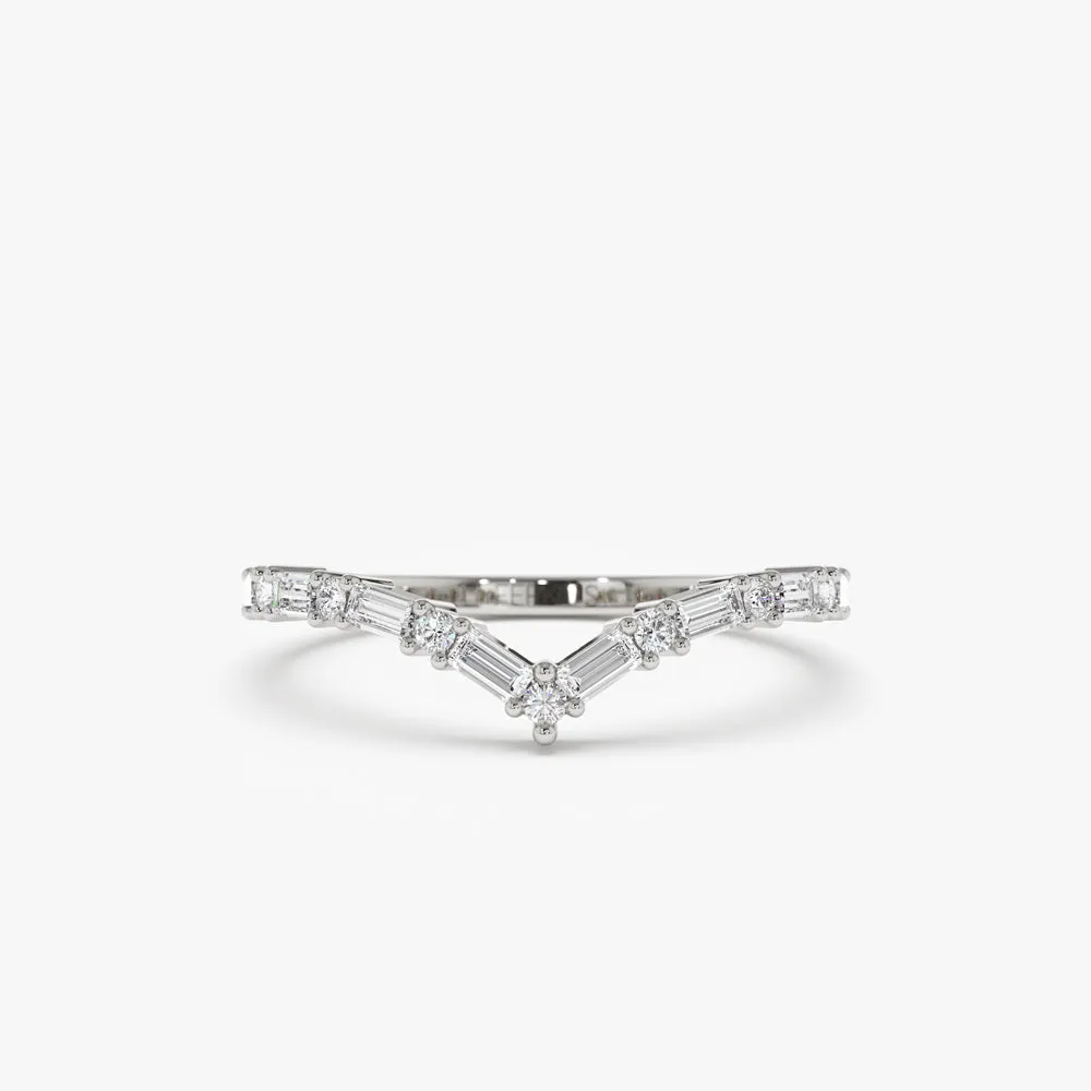 14k Baguette and Round Diamond Chevron Ring