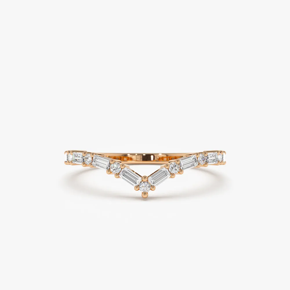 14k Baguette and Round Diamond Chevron Ring