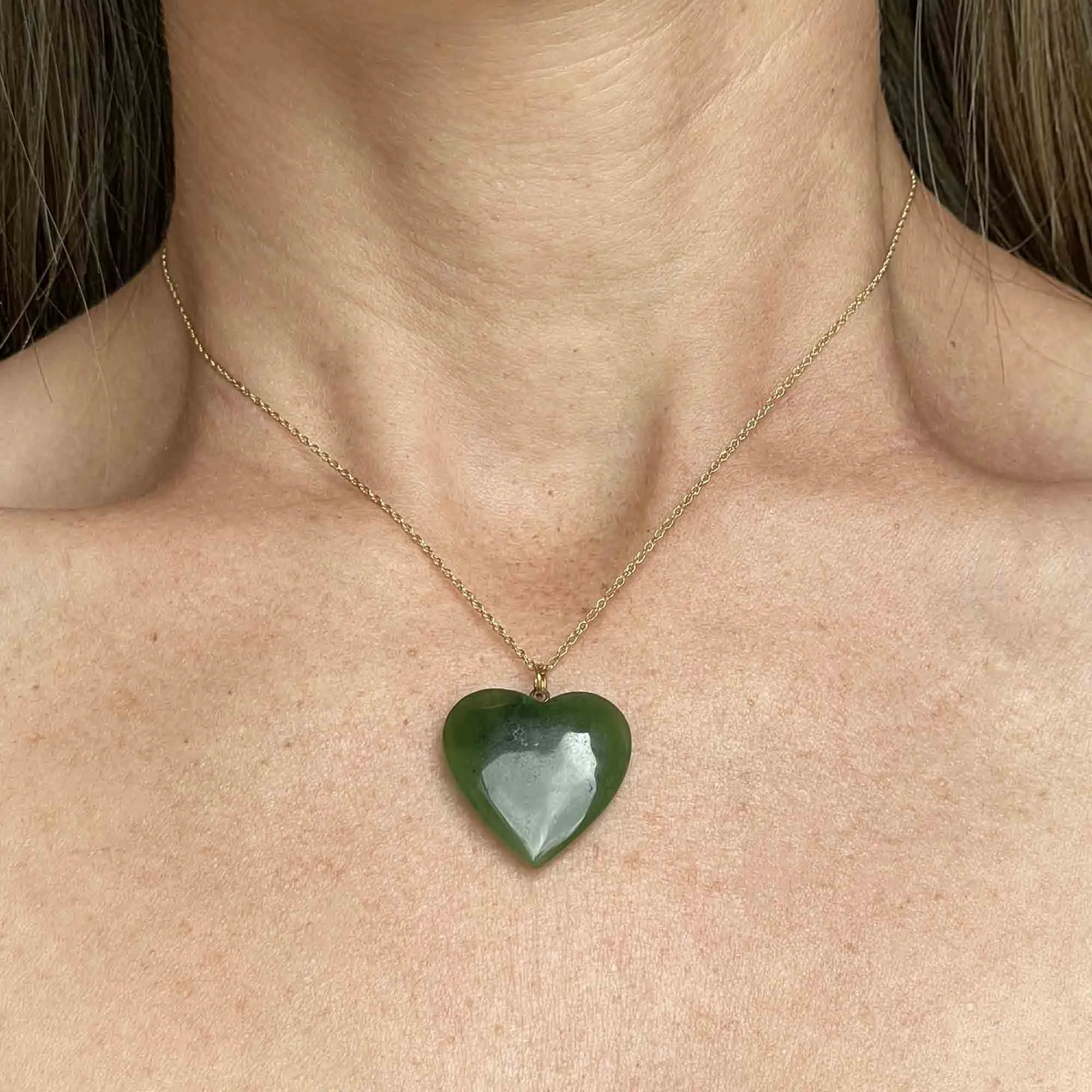 14K Gold Carved Jade Heart Pendant Necklace