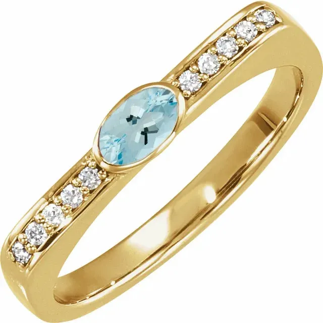 14K Gold Oval Aquamarine and Diamond Accented Ring