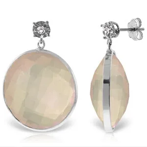 14K Solid White Gold Diamonds Stud Earrings w/ Dangling Checkerboard Cut Rose Quartz