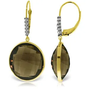 14K Solid Yellow Gold Diamonds Leverback Earrings w/ Checkerboard Cut Smoky Quartz