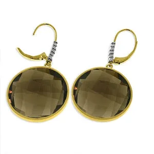 14K Solid Yellow Gold Diamonds Leverback Earrings w/ Checkerboard Cut Smoky Quartz