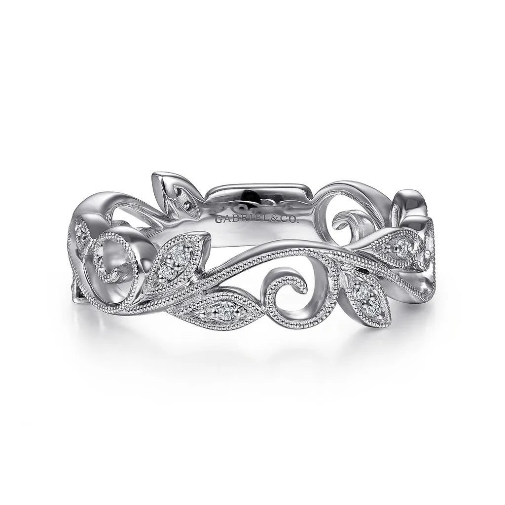 14K White Gold Scrolling Floral Diamond Stackable Ring