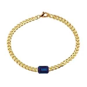 14K Yellow Gold Bezel Emerald Cut Tanzanite Cuban Chain Bracelet