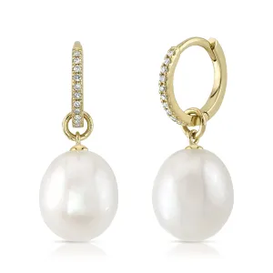 14K Yellow Gold Diamond Hoop Earrings with Cultured Pearl Dangle