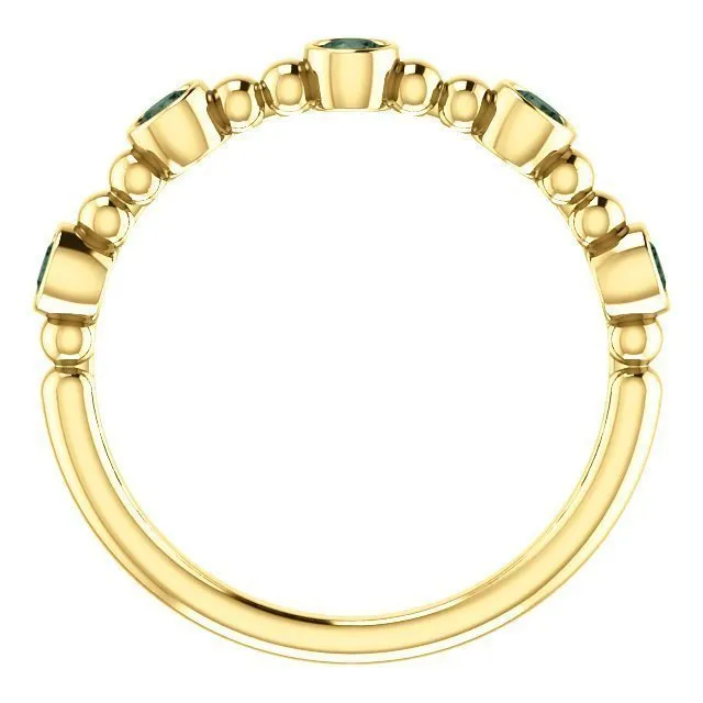 14KT GOLD .40 CTW ALEXANDRITE BEZEL-SET 5 STONE BEADED STACKABLE RING