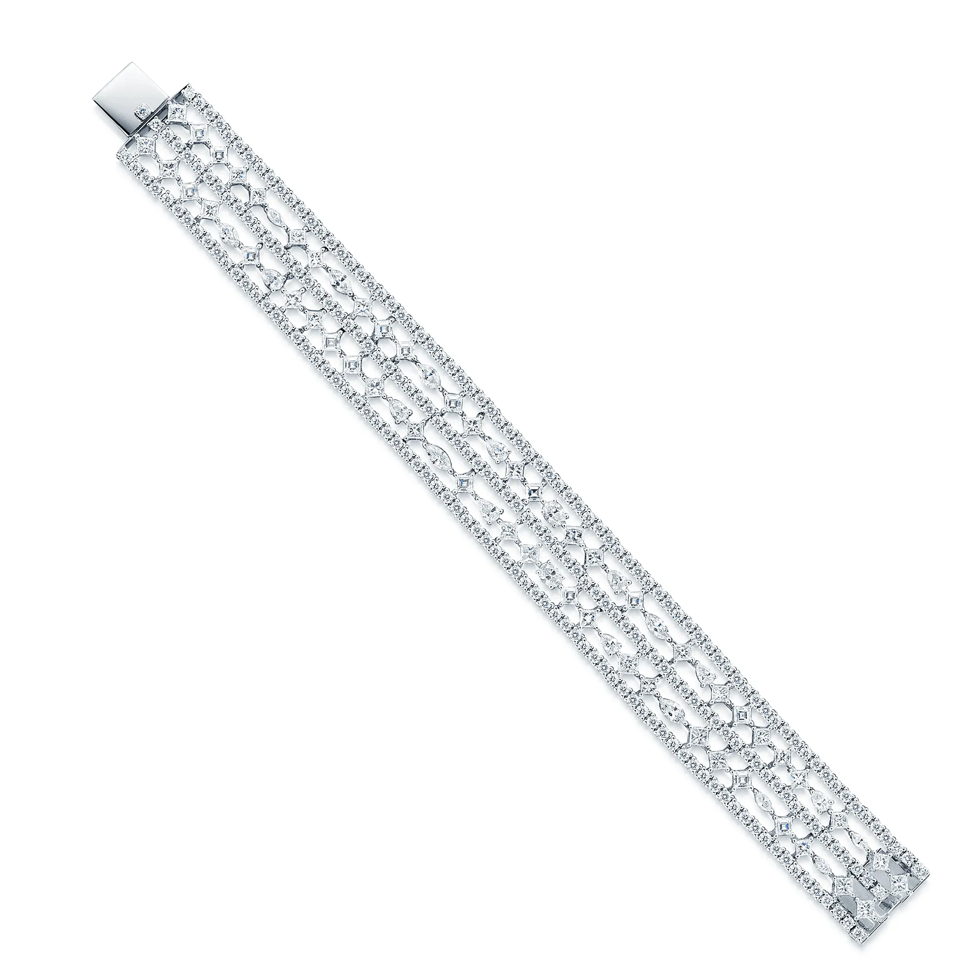 18ct White Gold Broad Open Five Row Brilliant & Fancy Shape Diamond Set Bracelet