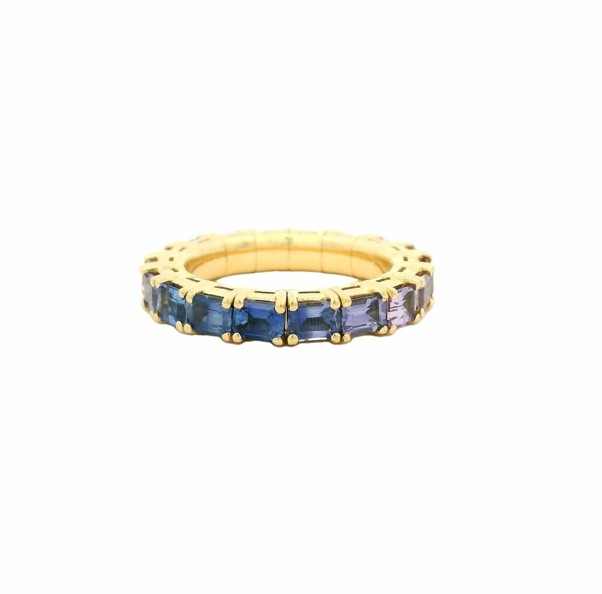 18K Gold East West Stretch & Stack Emerald Cut Blue and Pink Sapphire Eternity Ring