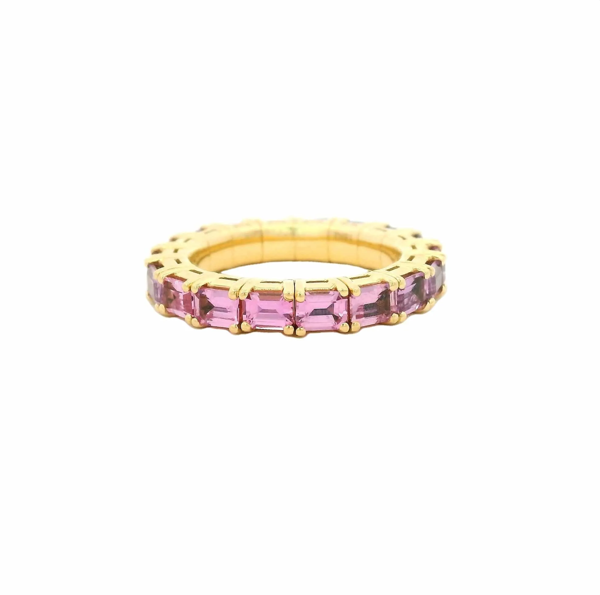 18K Gold East West Stretch & Stack Emerald Cut Blue and Pink Sapphire Eternity Ring