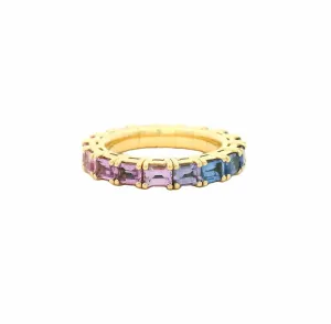 18K Gold East West Stretch & Stack Emerald Cut Blue and Pink Sapphire Eternity Ring