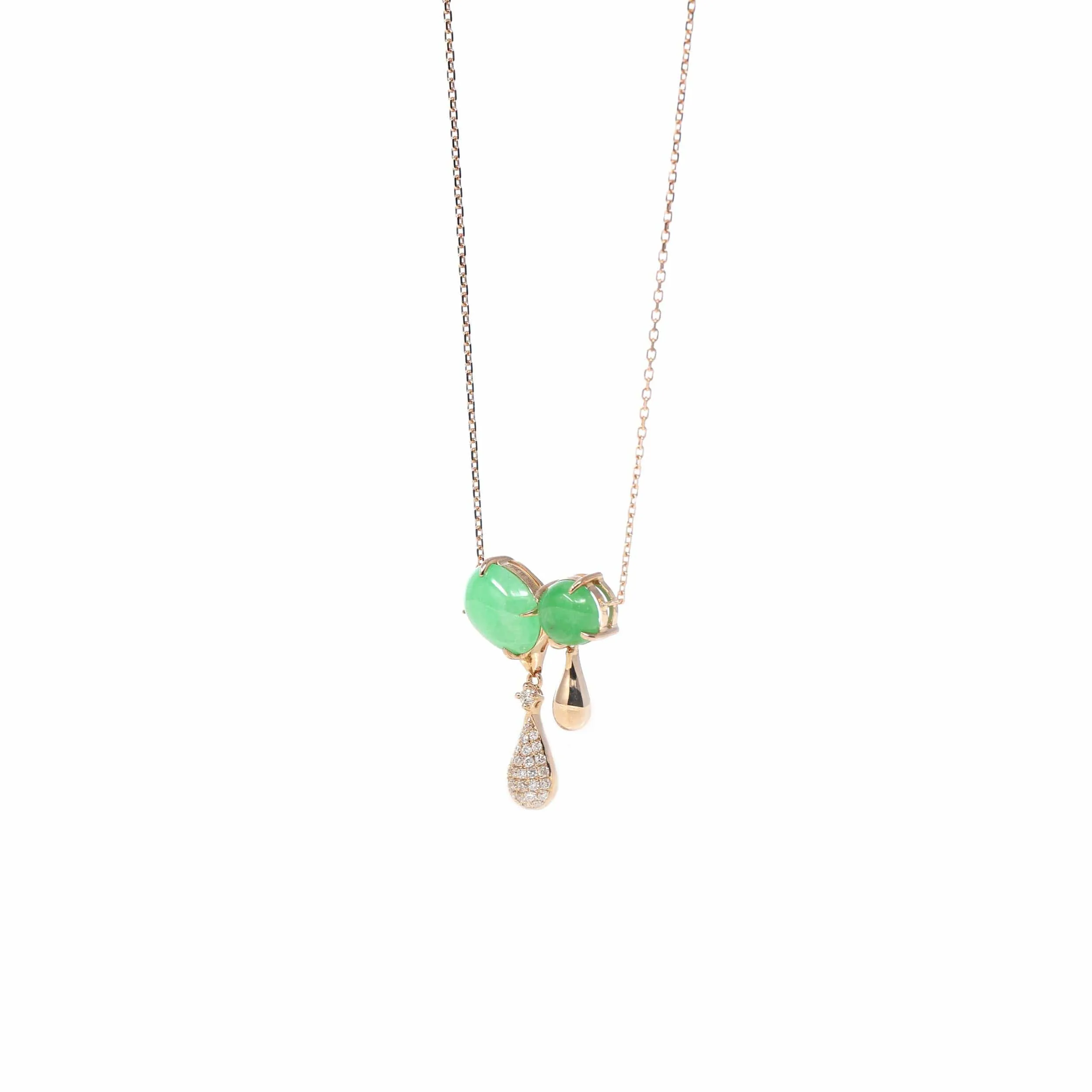 18K Rose Gold Oval Imperial Jadeite Jade Water Drop Necklace with Diamonds