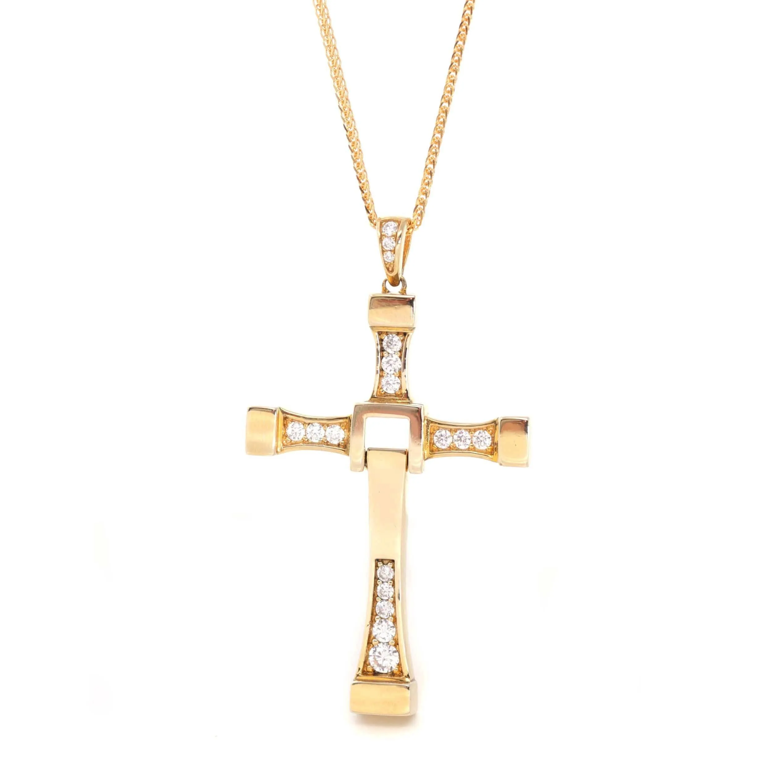 18K Yellow Gold Cross Pendant Necklace With CZ