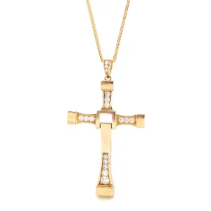 18K Yellow Gold Cross Pendant Necklace With CZ