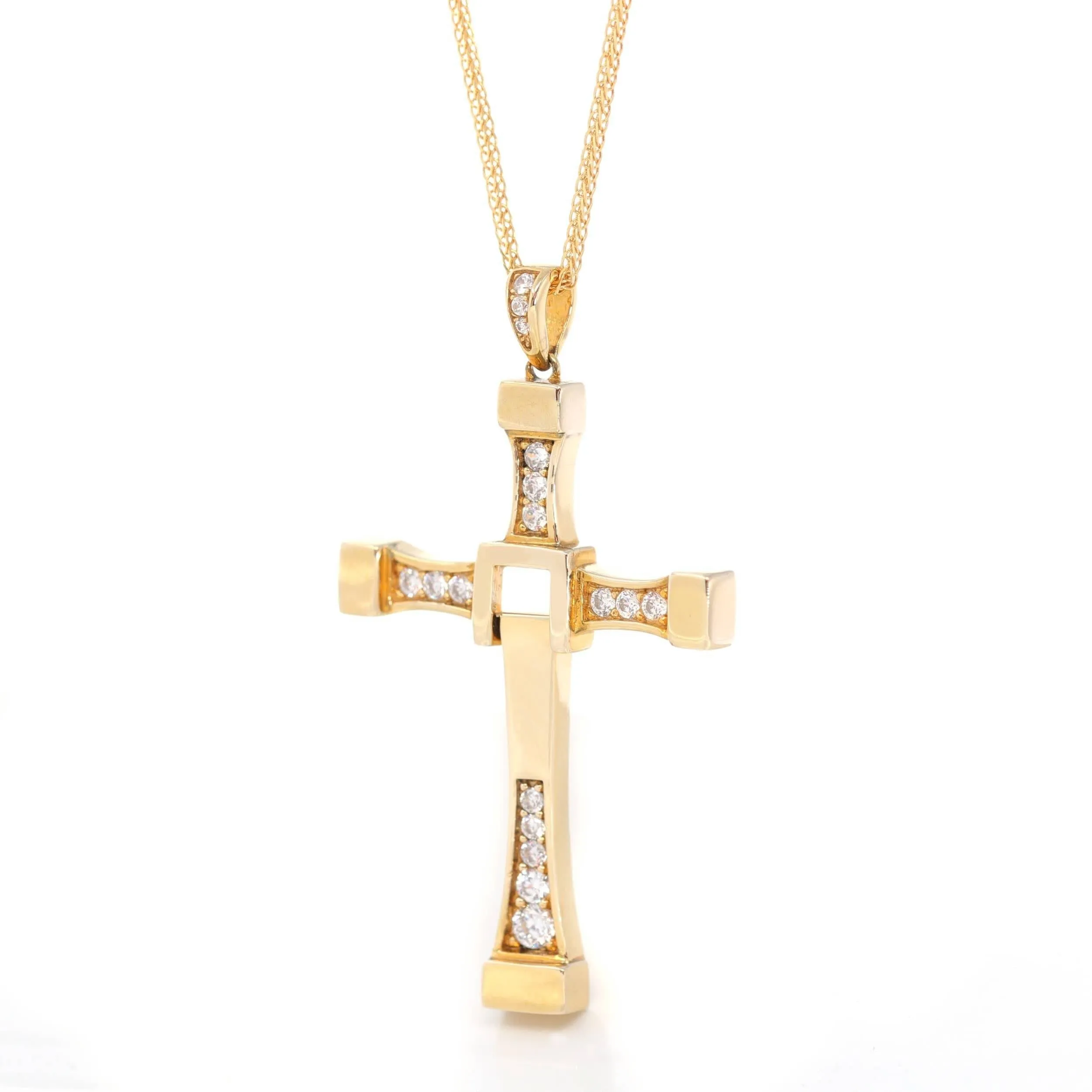 18K Yellow Gold Cross Pendant Necklace With CZ