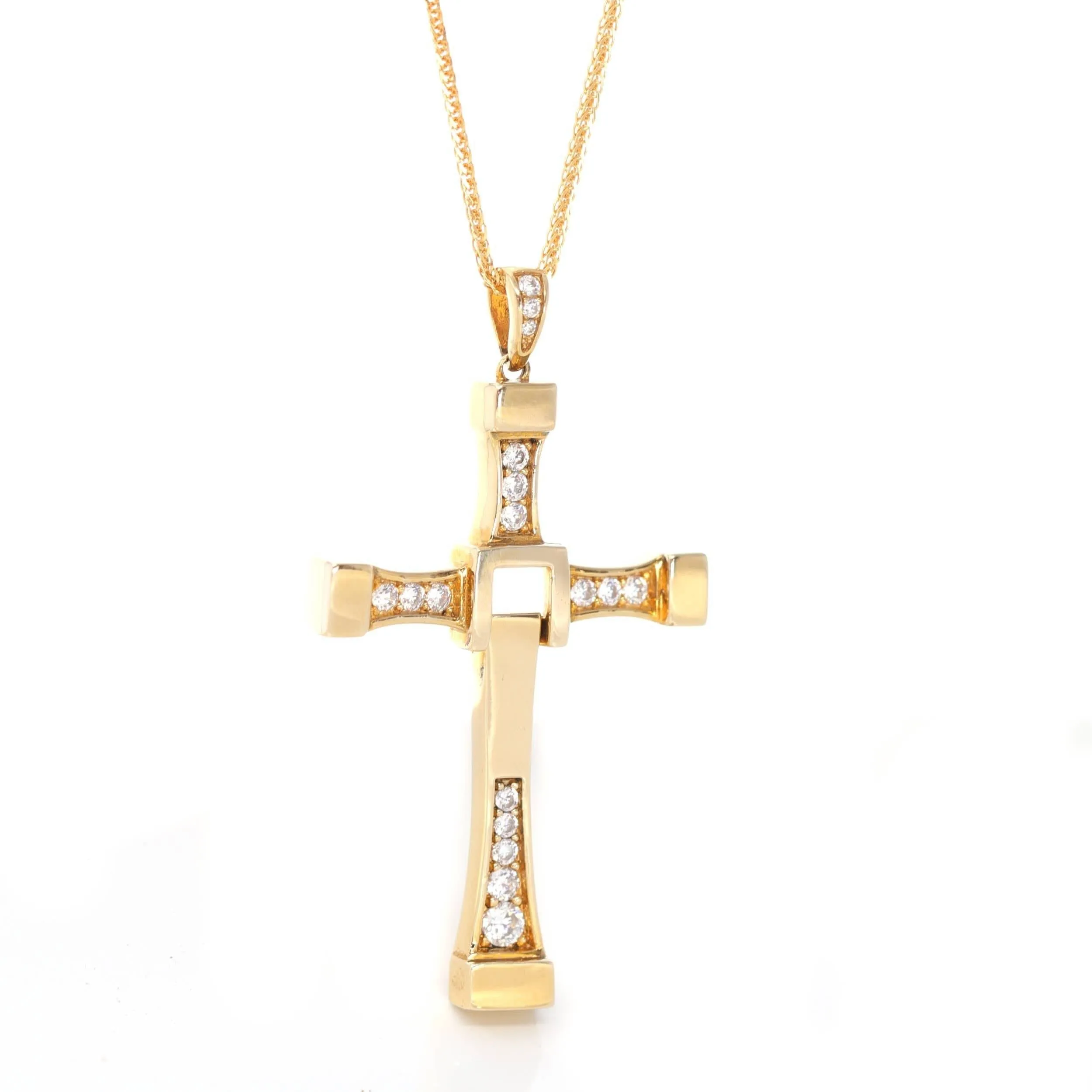 18K Yellow Gold Cross Pendant Necklace With CZ