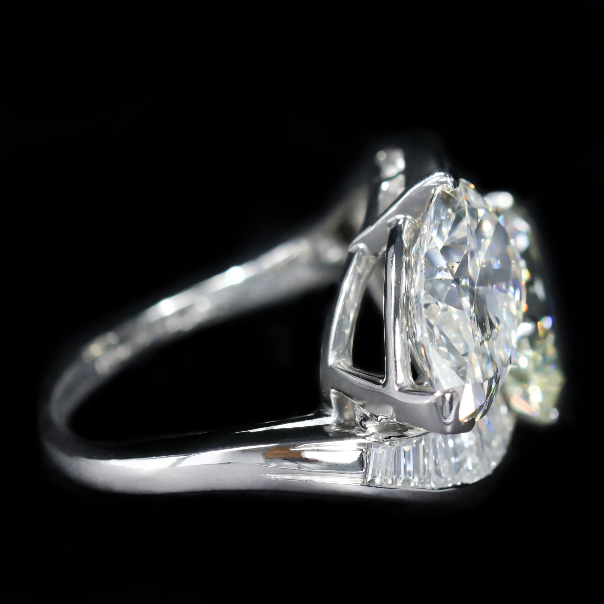 1950s Platinum 7.59 CTW Pear and Baguette Cut Diamond Engagement Ring