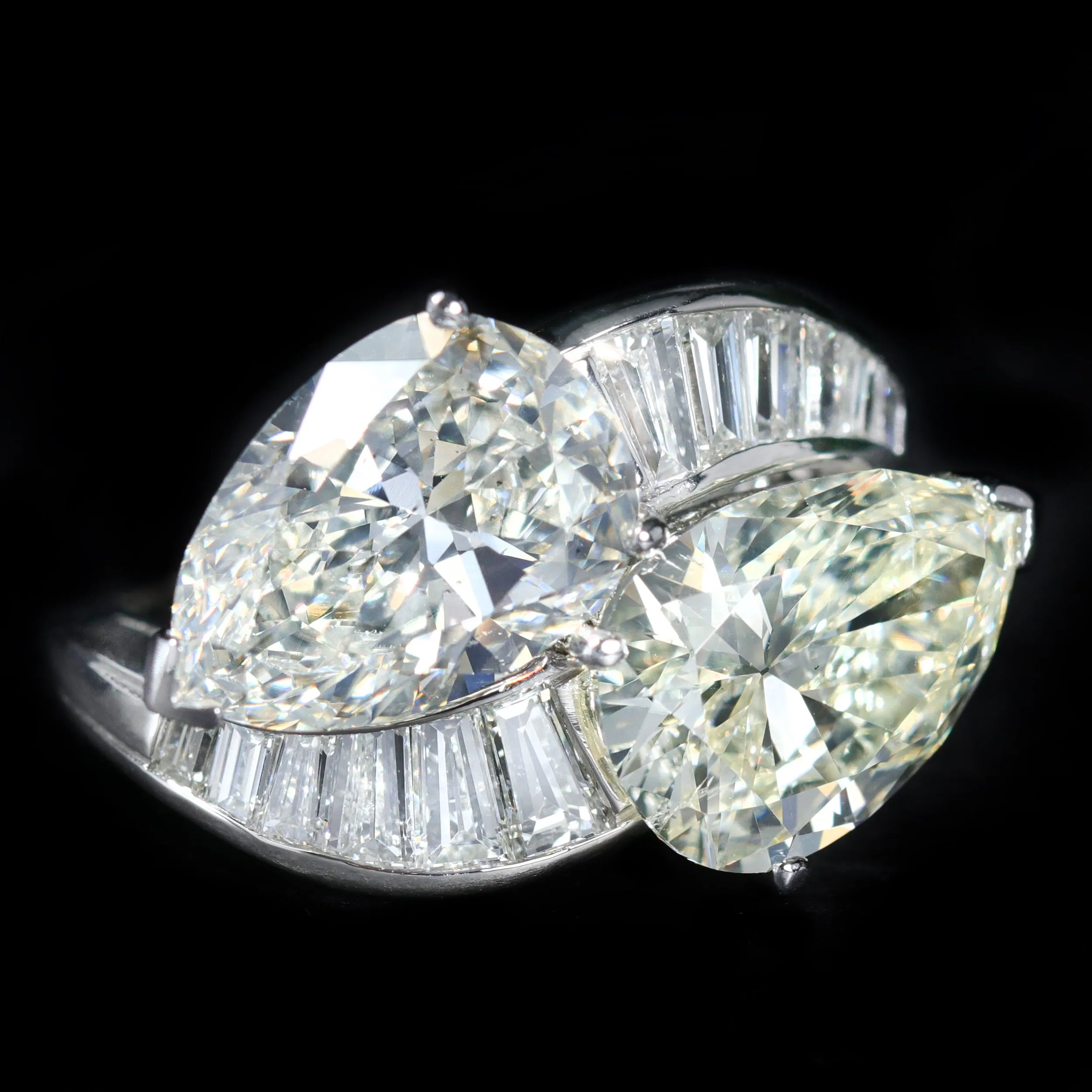 1950s Platinum 7.59 CTW Pear and Baguette Cut Diamond Engagement Ring