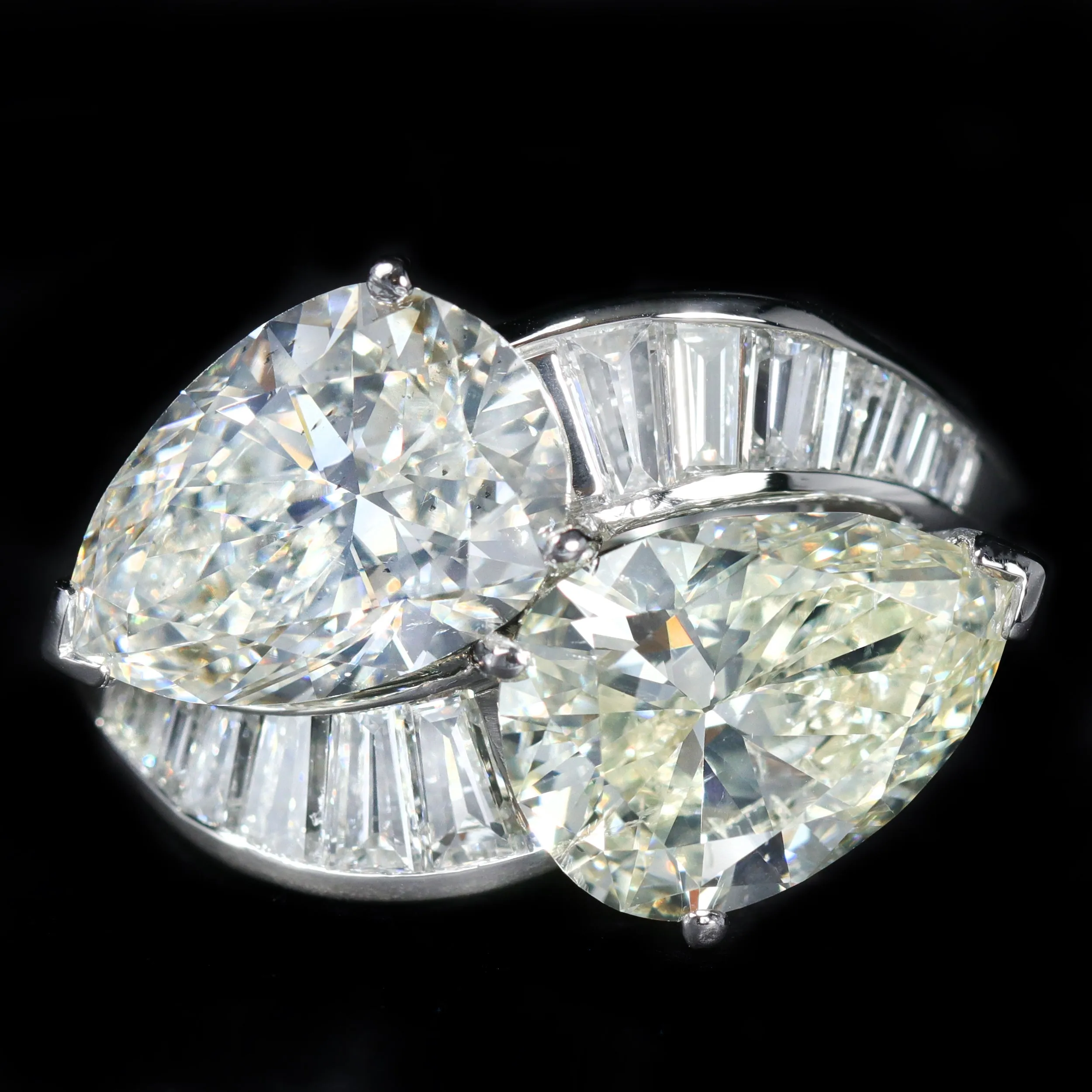 1950s Platinum 7.59 CTW Pear and Baguette Cut Diamond Engagement Ring