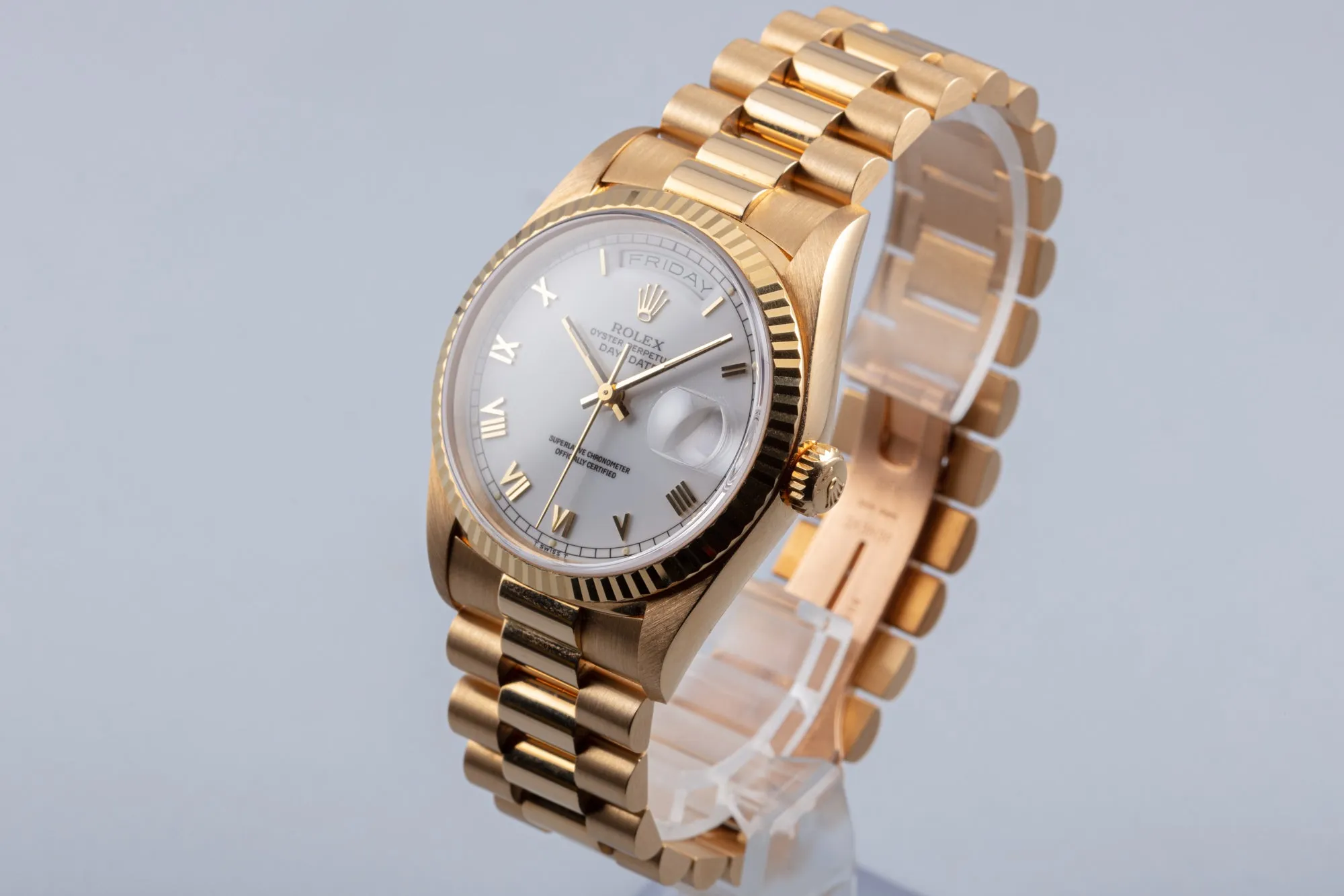 1995 Unpolished Rolex Day-Date 18238 White Dial, Gold Roman Numerals