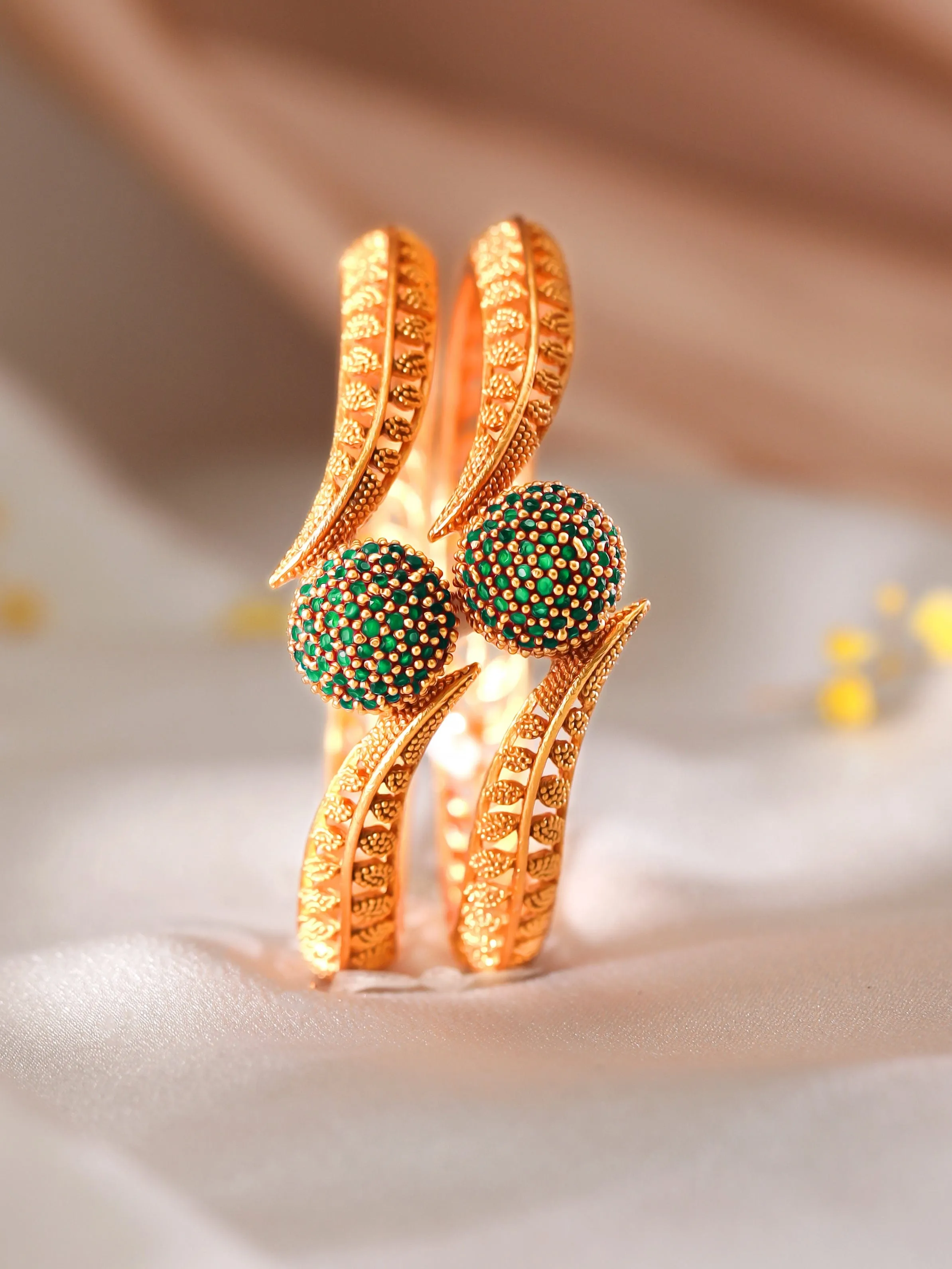 22K Gold Plated Emerald Stone Studded Set of 2 Bangles