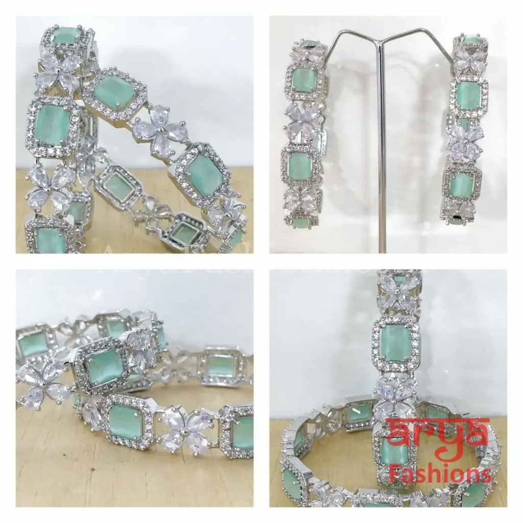 2.6 size Silver Mint Green Stone Bangles, Pair of 2 Bangles