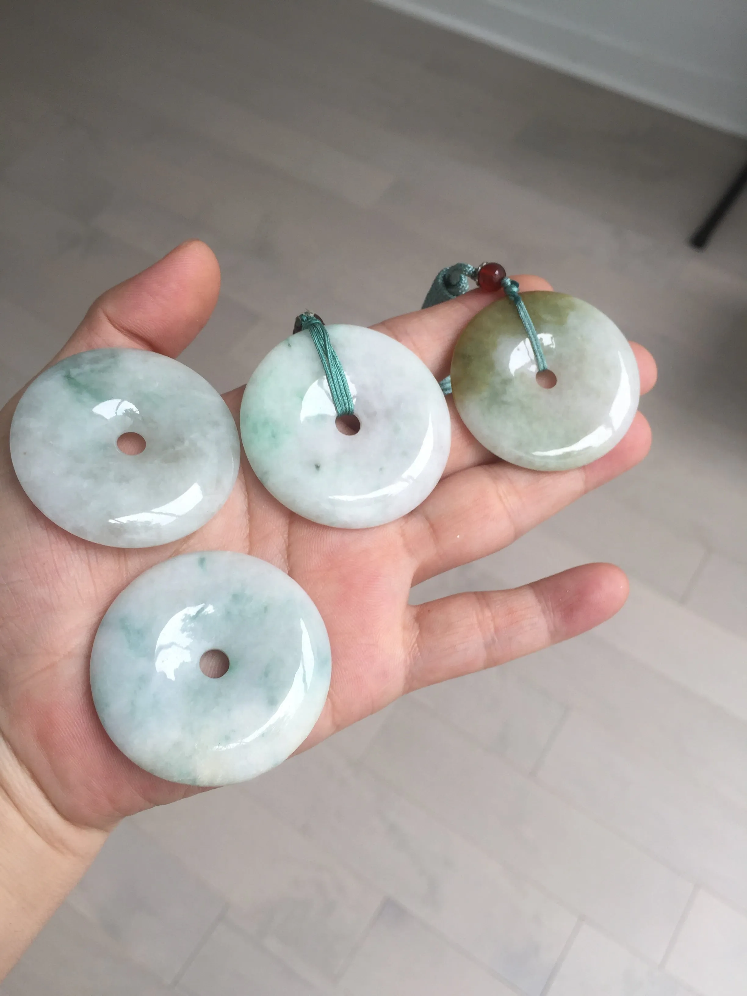 40-43mm Type A 100% Natural green light brown Jadeite Jade Safety Guardian Button donuts Pendant group BP110