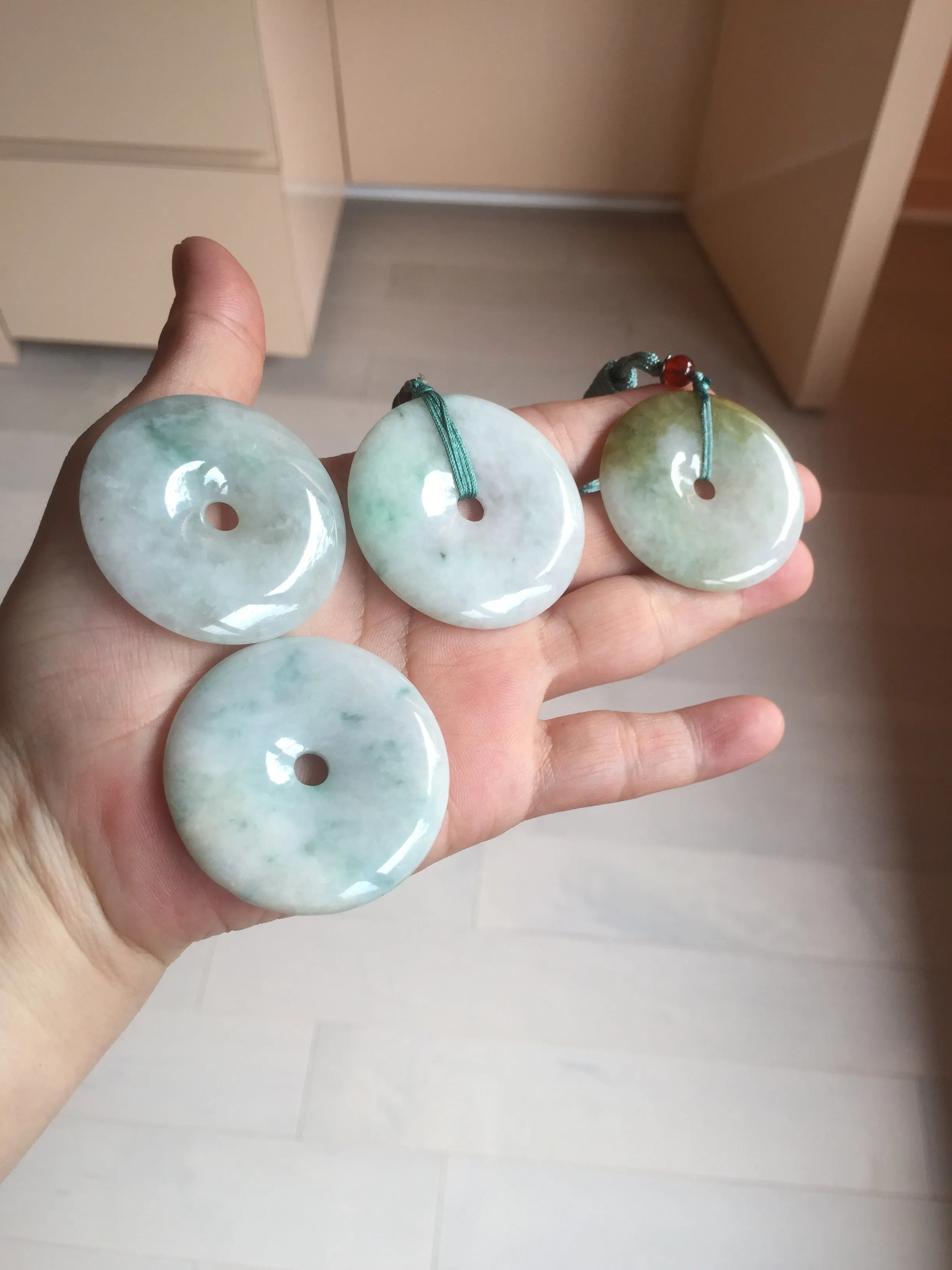 40-43mm Type A 100% Natural green light brown Jadeite Jade Safety Guardian Button donuts Pendant group BP110