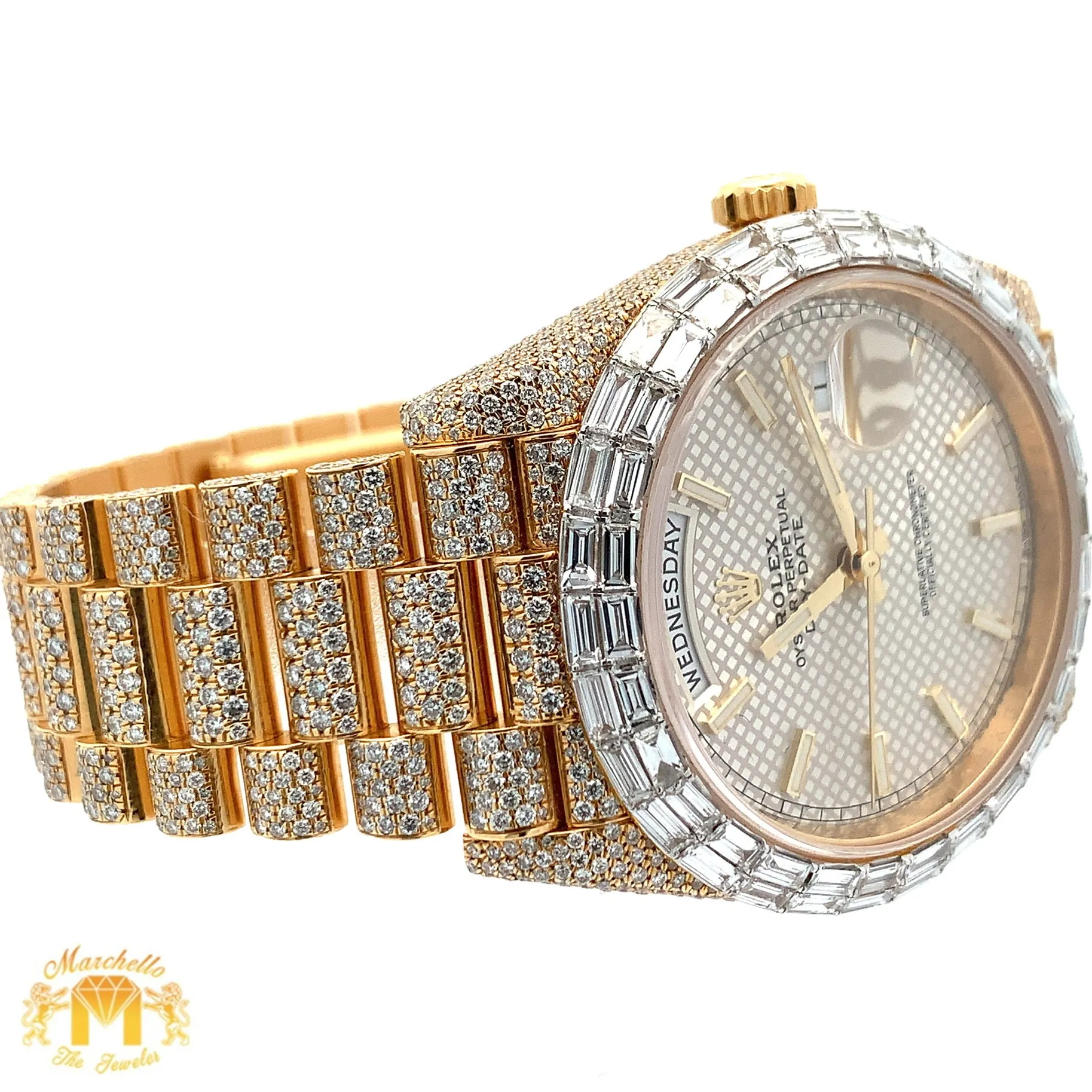 40mm Iced out 18k yellow gold  Rolex Presidential Day-Date Watch   Free Diamond Bracelet and Surprise Diamond Earrings