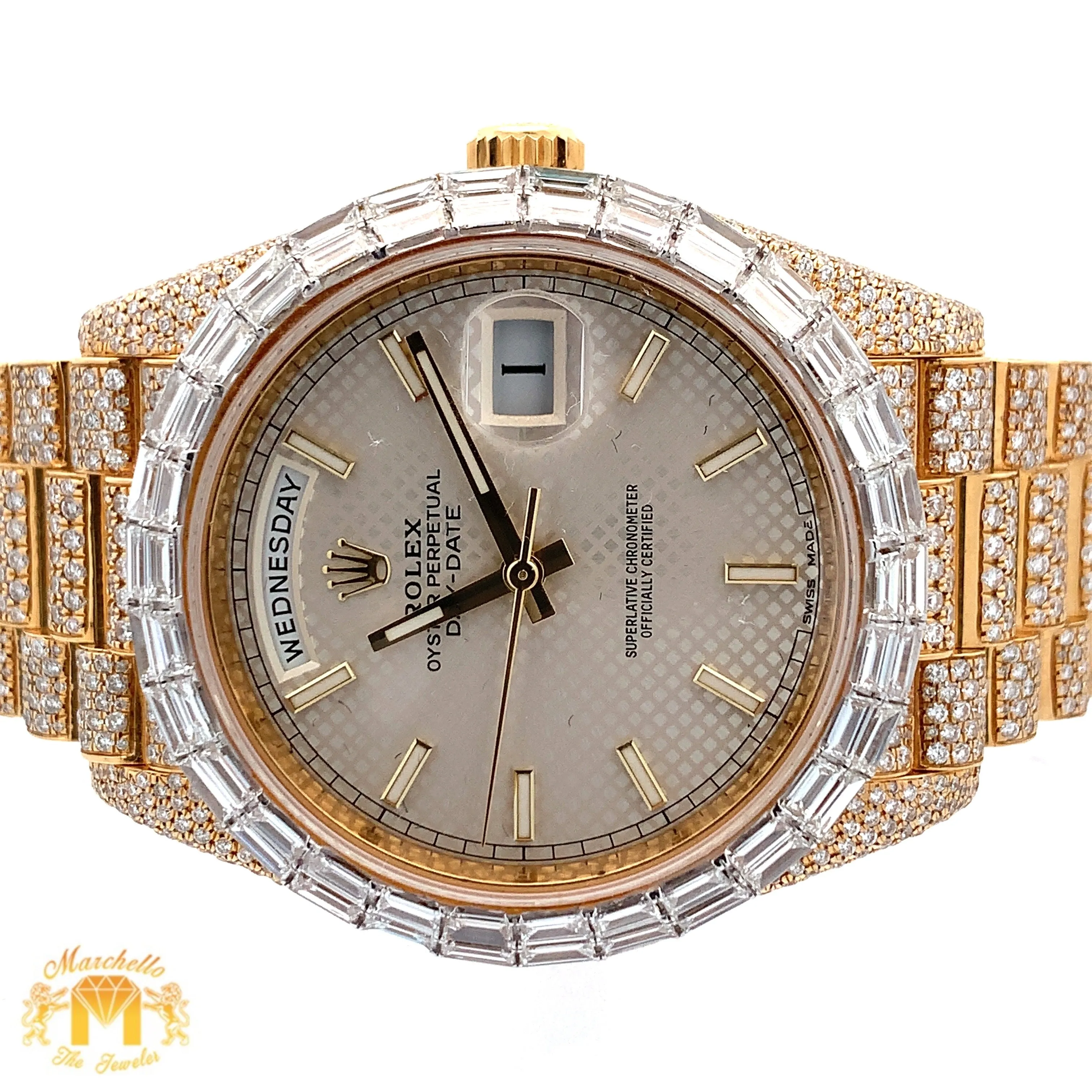 40mm Iced out 18k yellow gold  Rolex Presidential Day-Date Watch   Free Diamond Bracelet and Surprise Diamond Earrings