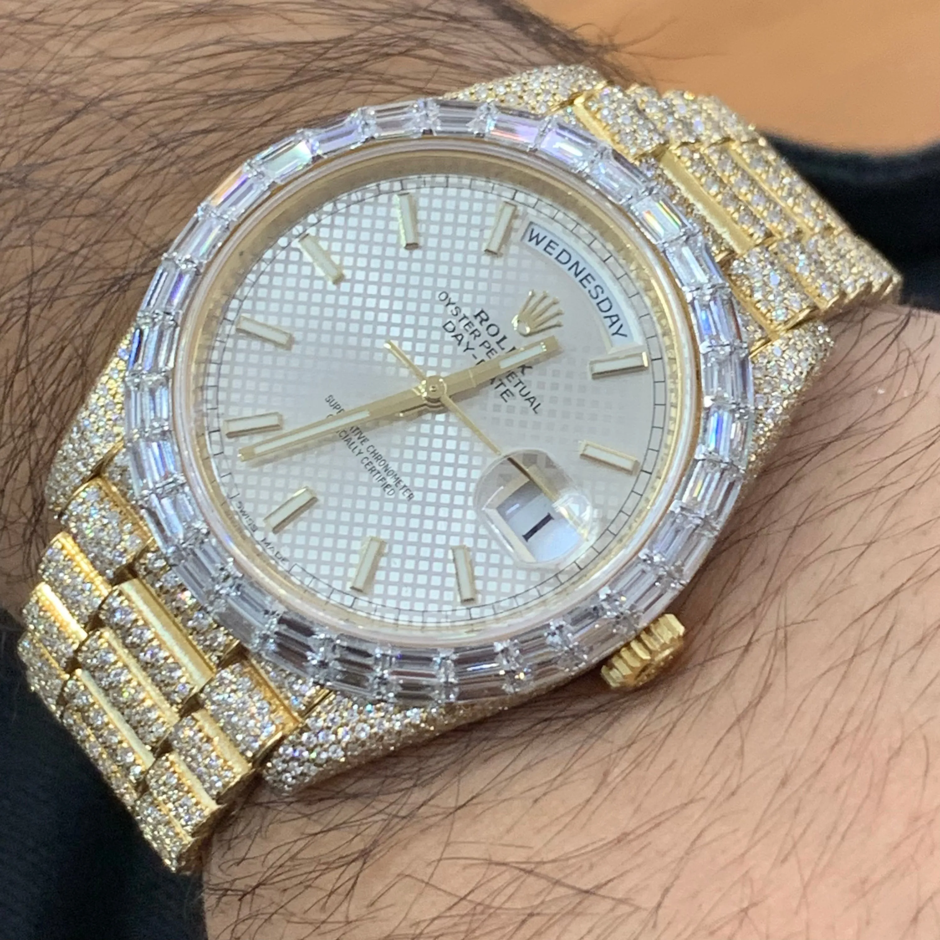 40mm Iced out 18k yellow gold  Rolex Presidential Day-Date Watch   Free Diamond Bracelet and Surprise Diamond Earrings