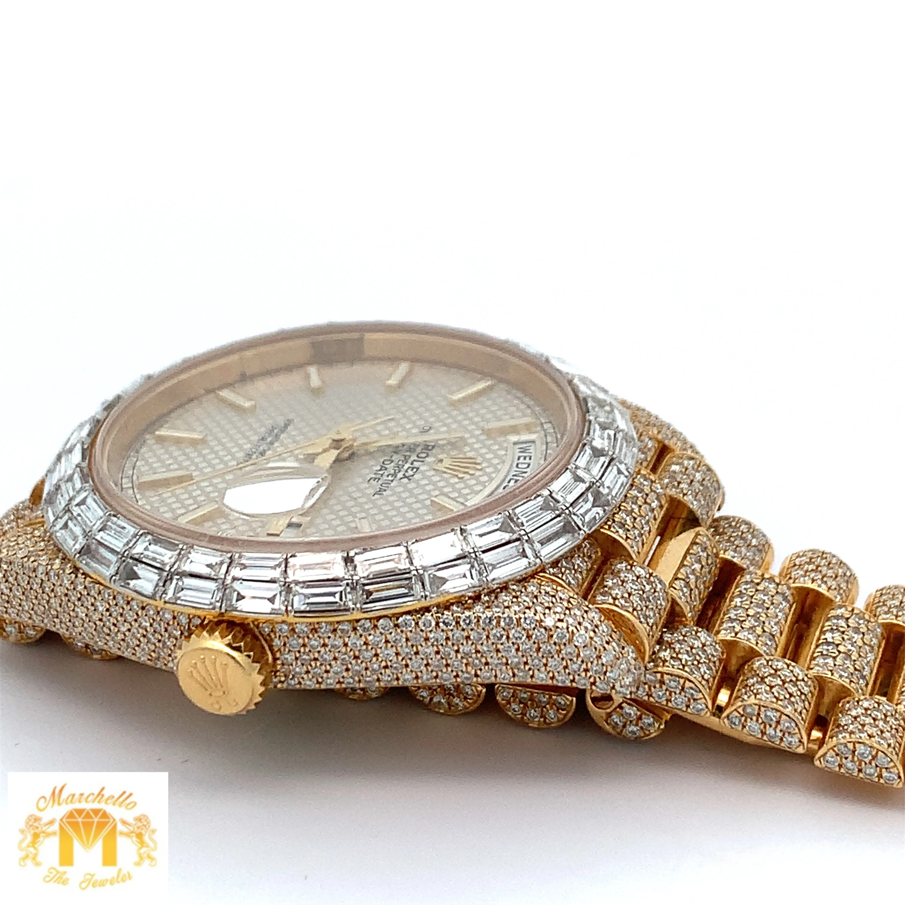 40mm Iced out 18k yellow gold  Rolex Presidential Day-Date Watch   Free Diamond Bracelet and Surprise Diamond Earrings