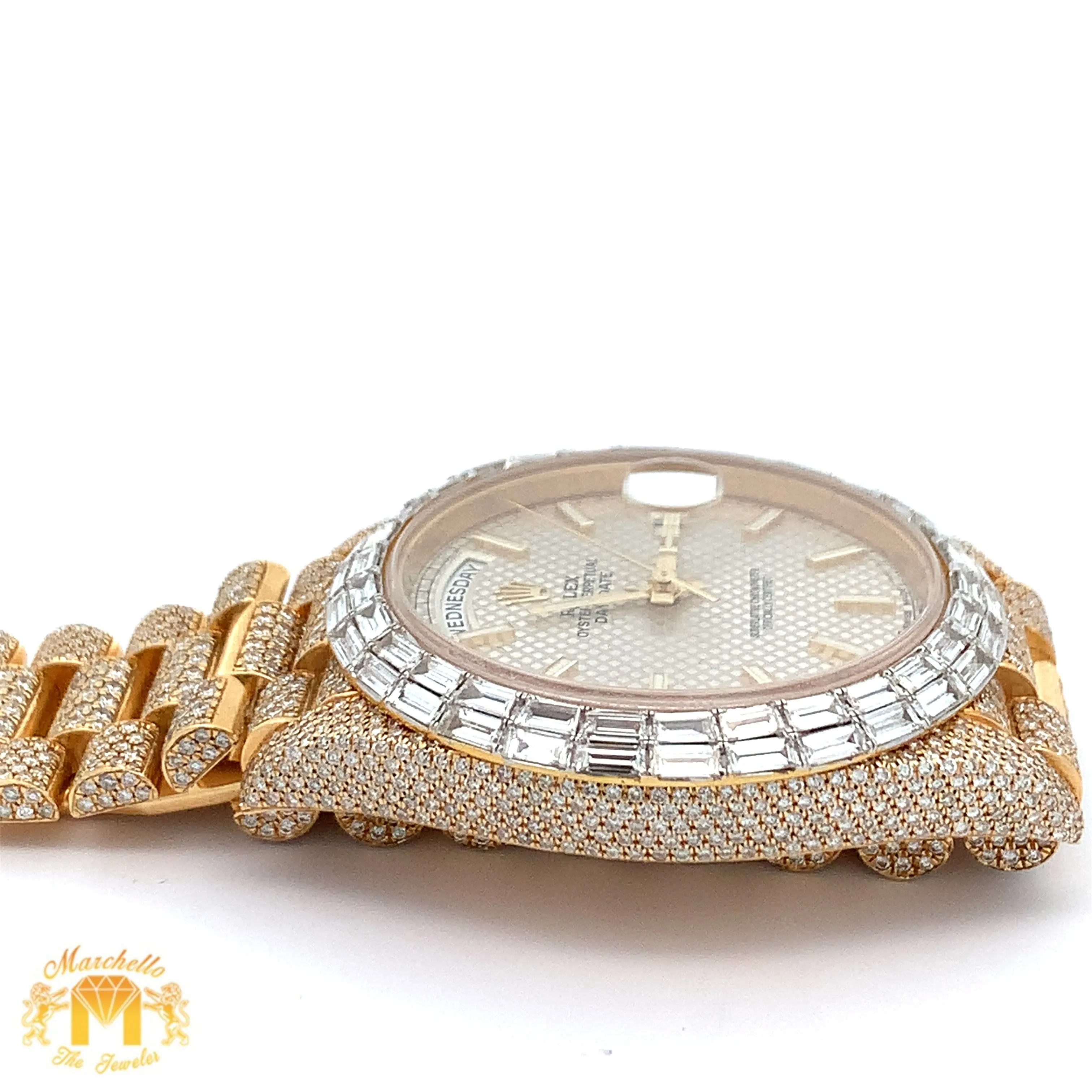 40mm Iced out 18k yellow gold  Rolex Presidential Day-Date Watch   Free Diamond Bracelet and Surprise Diamond Earrings