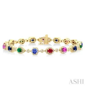 4X3MM & 4MM Mixed Shape Gemstone Rainbow and 1 ctw Round Cut Diamond Halo Precious Tennis Bracelet in 14K Yellow Gold