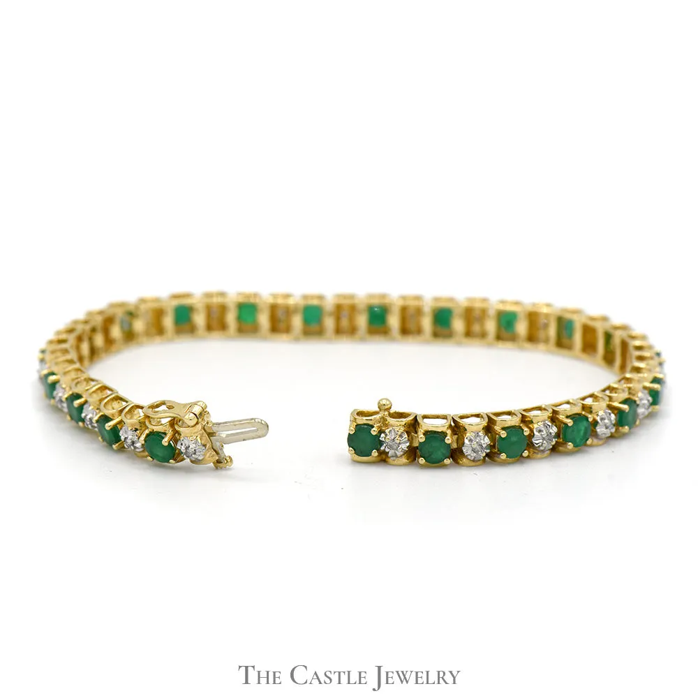 6 (3/4) inch Round Emerald Bracelet with Illusion Set Diamond Accents in 10k Yellow Gold