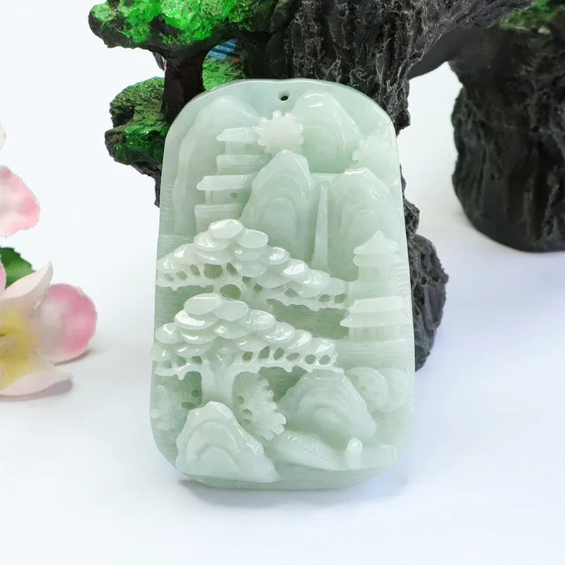 A-grade Natural Myanmar Jade Pendant with Detailed Landscape Sculpture Crafted in High Quality Jade