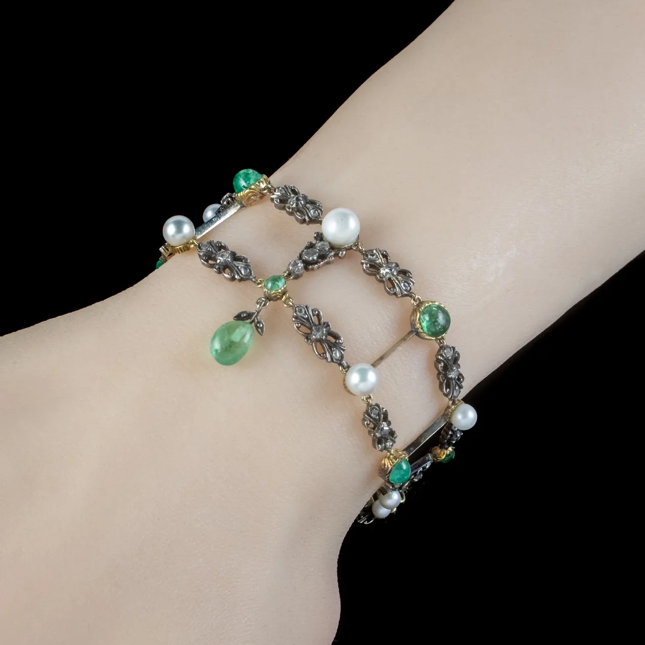 Antique Georgian Emerald Diamond Pearl Bracelet Silver 18ct Gold