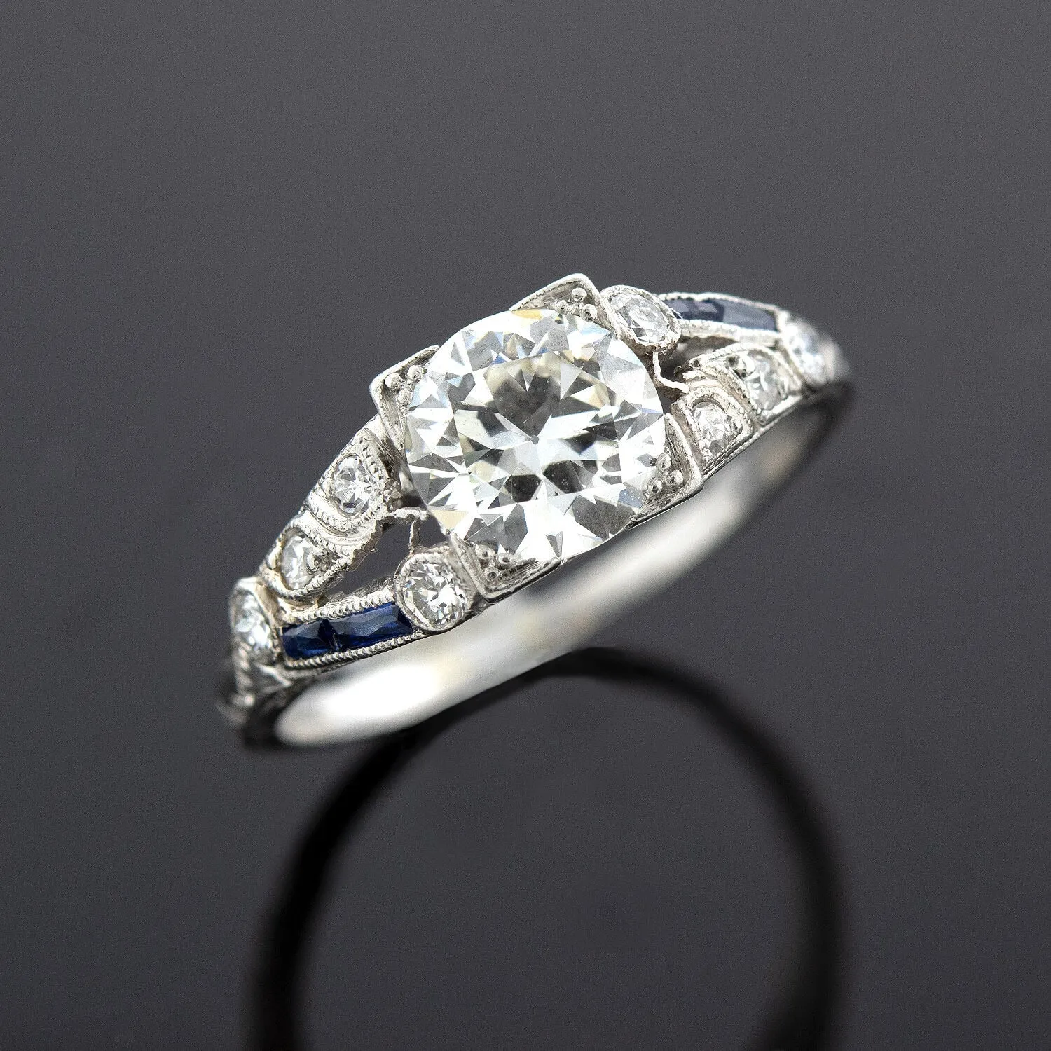 Art Deco Old European Cut Diamond   Sapphire Engagement Ring 1.20ct Center