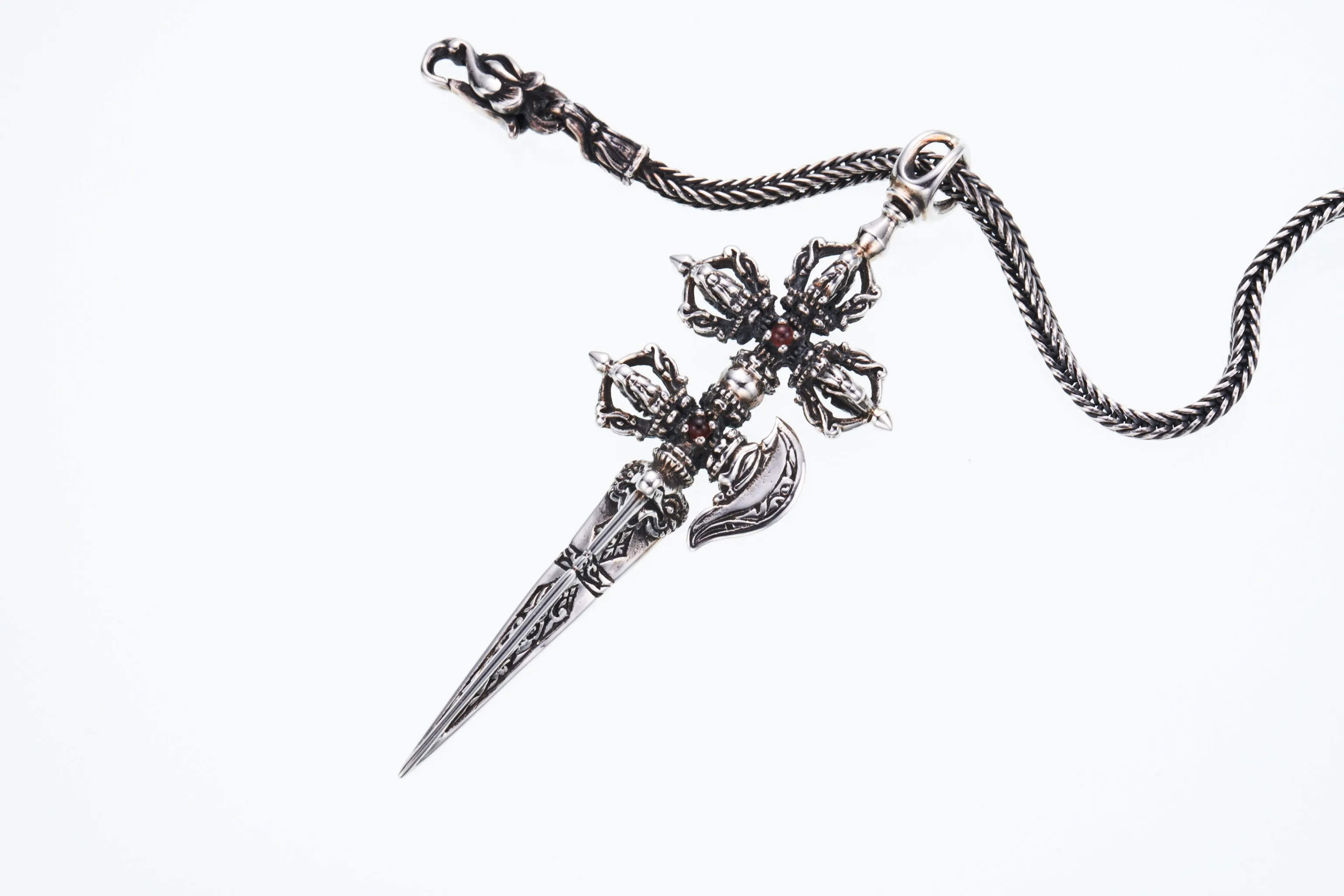 Bird Double Dorje Kartika Dagger (S) : Garnet / Rainbow Moonstone  Necklace Chain Set