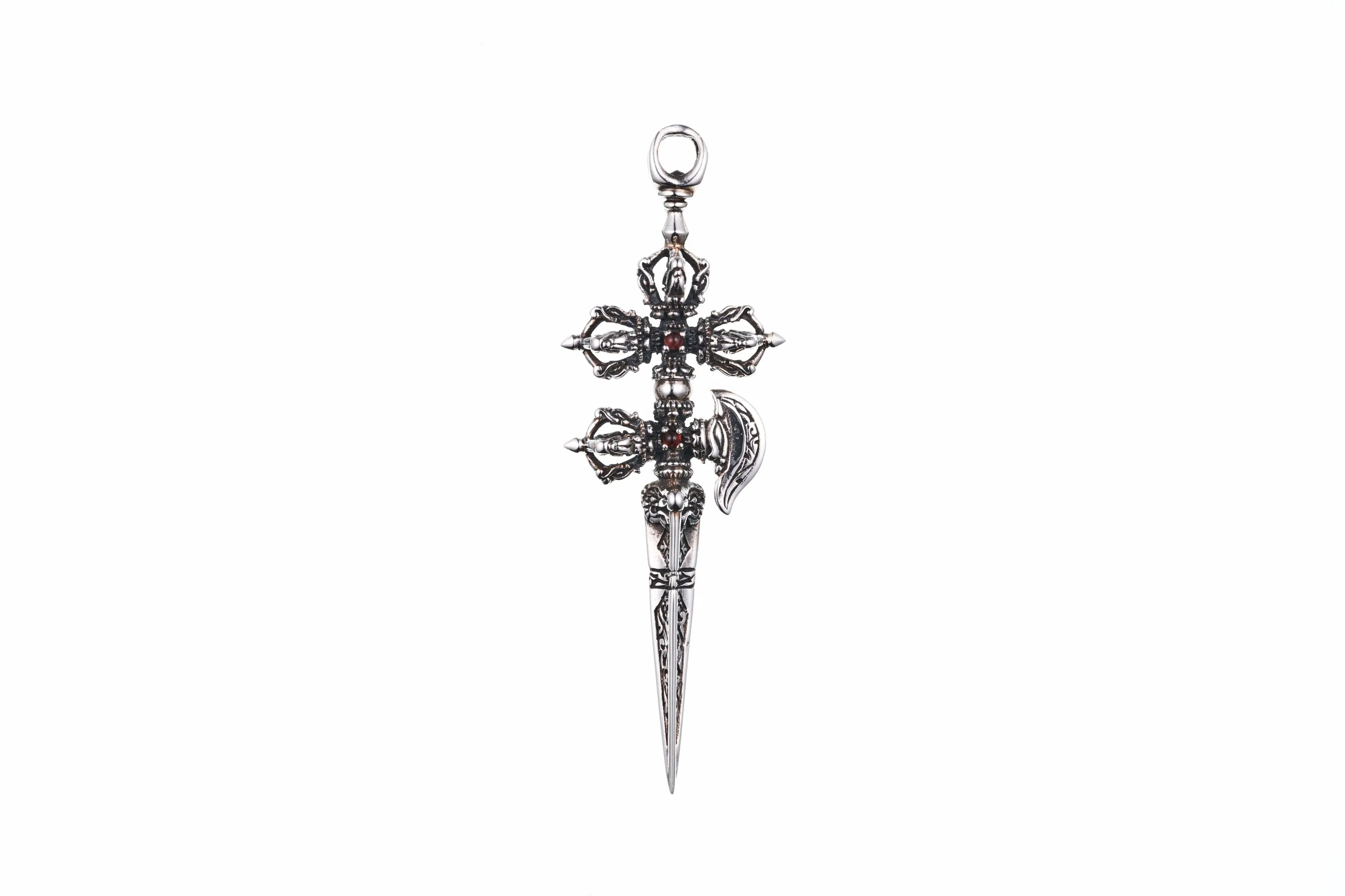 Bird Double Dorje Kartika Dagger (S) : Garnet / Rainbow Moonstone  Necklace Chain Set