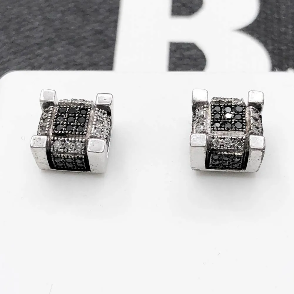 Black/White 3D Cube Diamond .29cttw Earrings .925 Sterling Silver